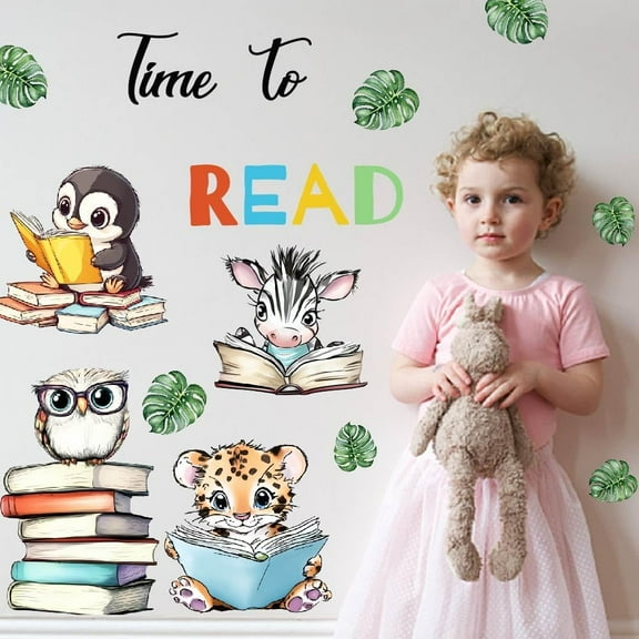 Time to Read Animal Book Wall Sticker Educational Animals Reading Wall Decals Nursery Peel and Stick Vinyl Art Decor Decals for Kids Room Kindergarten Classroom Reading Corner School Decor Colorful