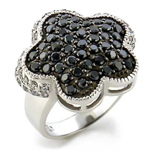 Rhodium + Ruthenium Brass Ring with AAA Grade CZ in Jet for Women Jet Stone Color Style 9W099 Size 8