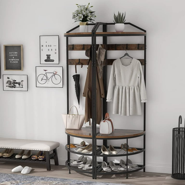 Rustic Farmhouse Hall Tree Rustic Brown Corner Coat Rack with Shoe Bench 10 Movable Hooks Freestanding Organizer