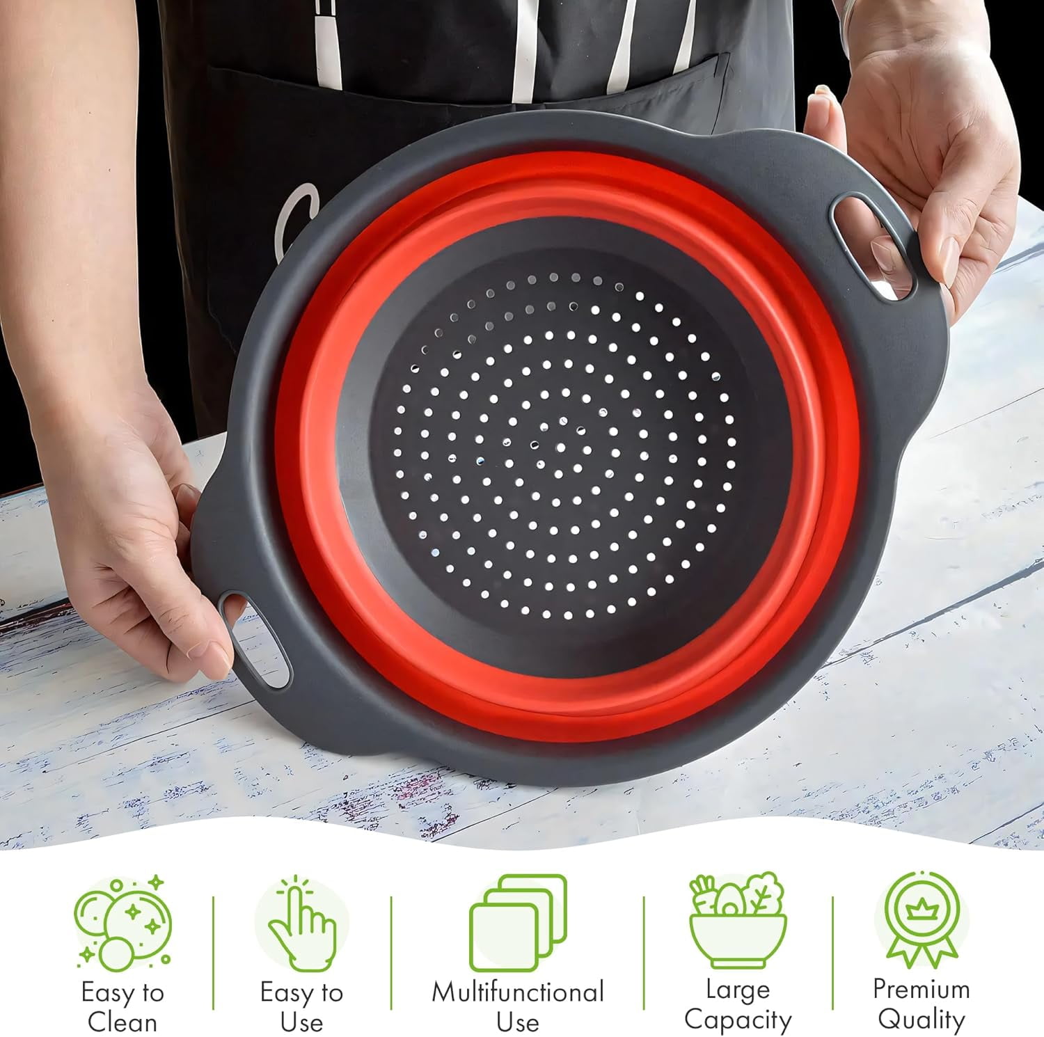 Collapsible Colander Set of 3 Round Silicone Kitchen Strainer Set - 2 pcs 4 Quart and 1 pcs 2 Quart- Perfect for Draining Pasta, Vegetable and fruit (green,blue, purple)