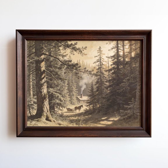 Winter Cabin In Pine Forest Art Horse Sleigh Snowy Woods Wall Art Lodge Decor, Unframed Paper Print