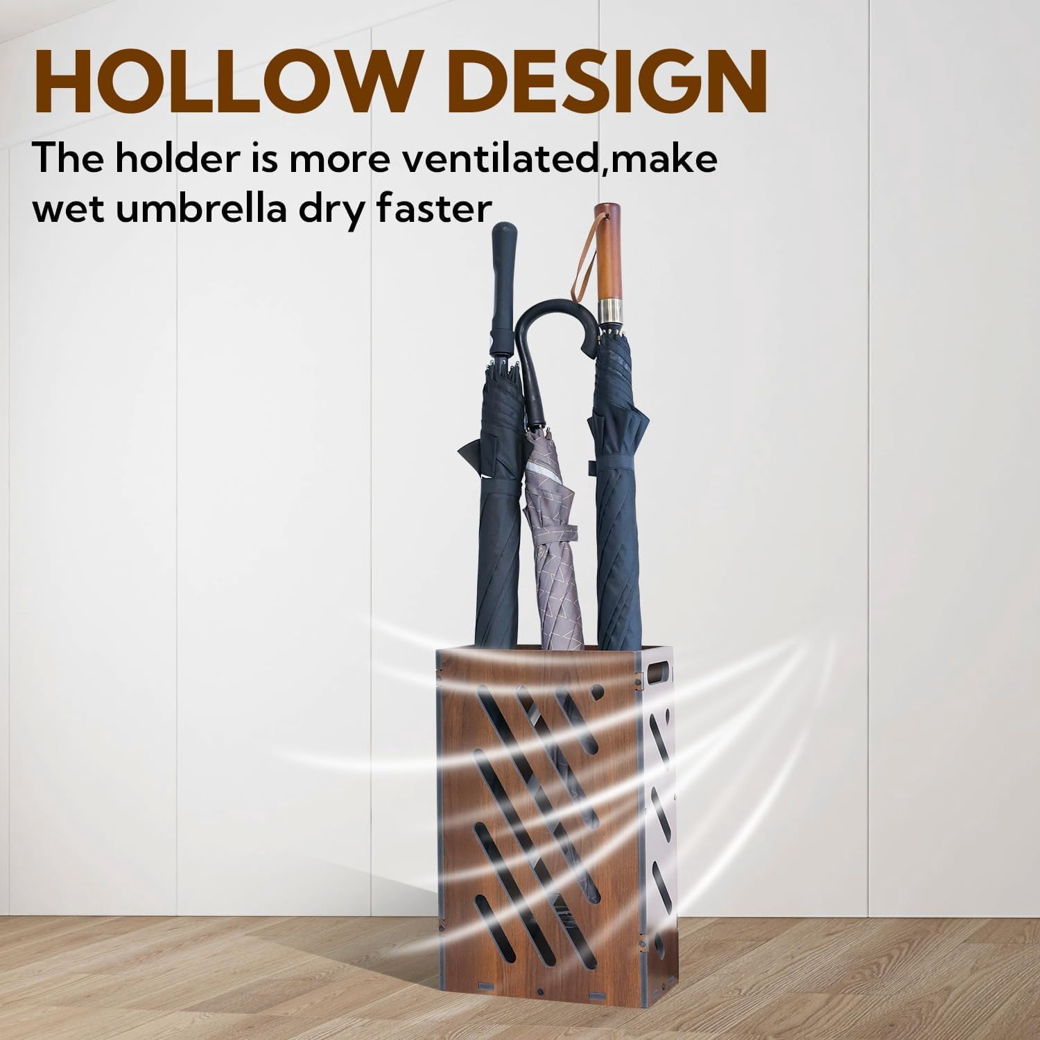 Brown Umbrella Stand for Entryway, Umbrella Holder with Removable Water Tray, PVC Umbrella Storage Bin Indoor Outdoor, Freestanding Storage Organizer for Home, Office, Hotel