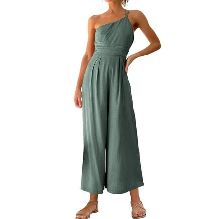 

NECHOLOGY Flowy Rompers For Women Women s Summer Jumpsuits 2023 Casual One Shoulder Tie Strap Solid Color Loose Shorts Rompers Pockets Mint Green Small