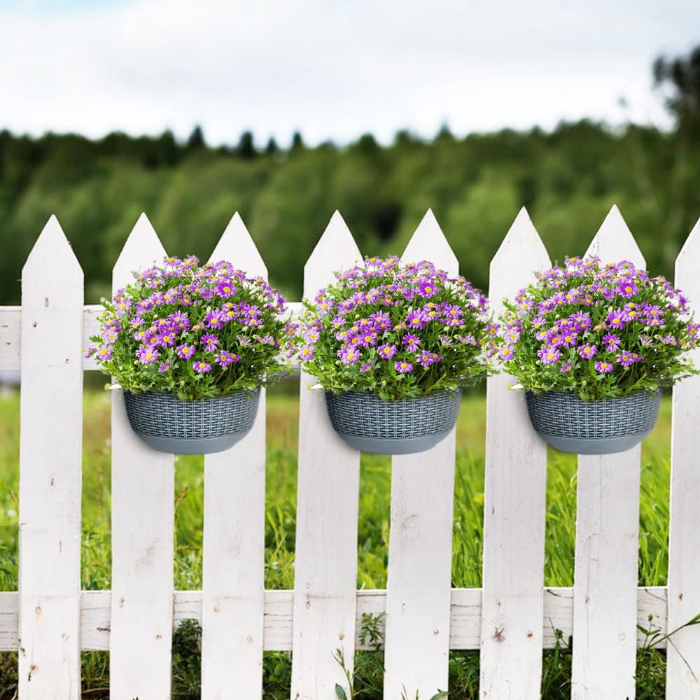 Set of 2 Pcs Hanging Planters Outdoor Hanging Basket Plastic Flower Pot Plants Holder Hanger for Balcony Fence Wall Mounted