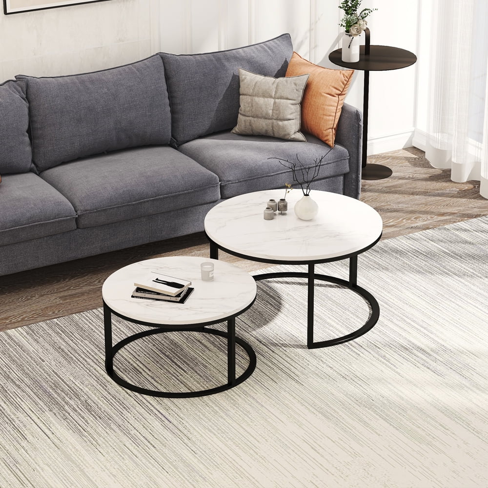 Marble Look Sofa Side Nest of Tables Round End Tables Set of 2 Black Color Frame with Walnut Wood Top- 32”& 24” Table Set Modern Nesting Coffee Table 