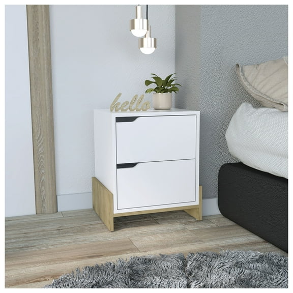 Nightstand with 2 Drawers, Bedside Table - Modern Storage Nightstands for Bedroom - White & Macadamia Finish - 17"W x 14.6"D Multicolor   2 Drawers