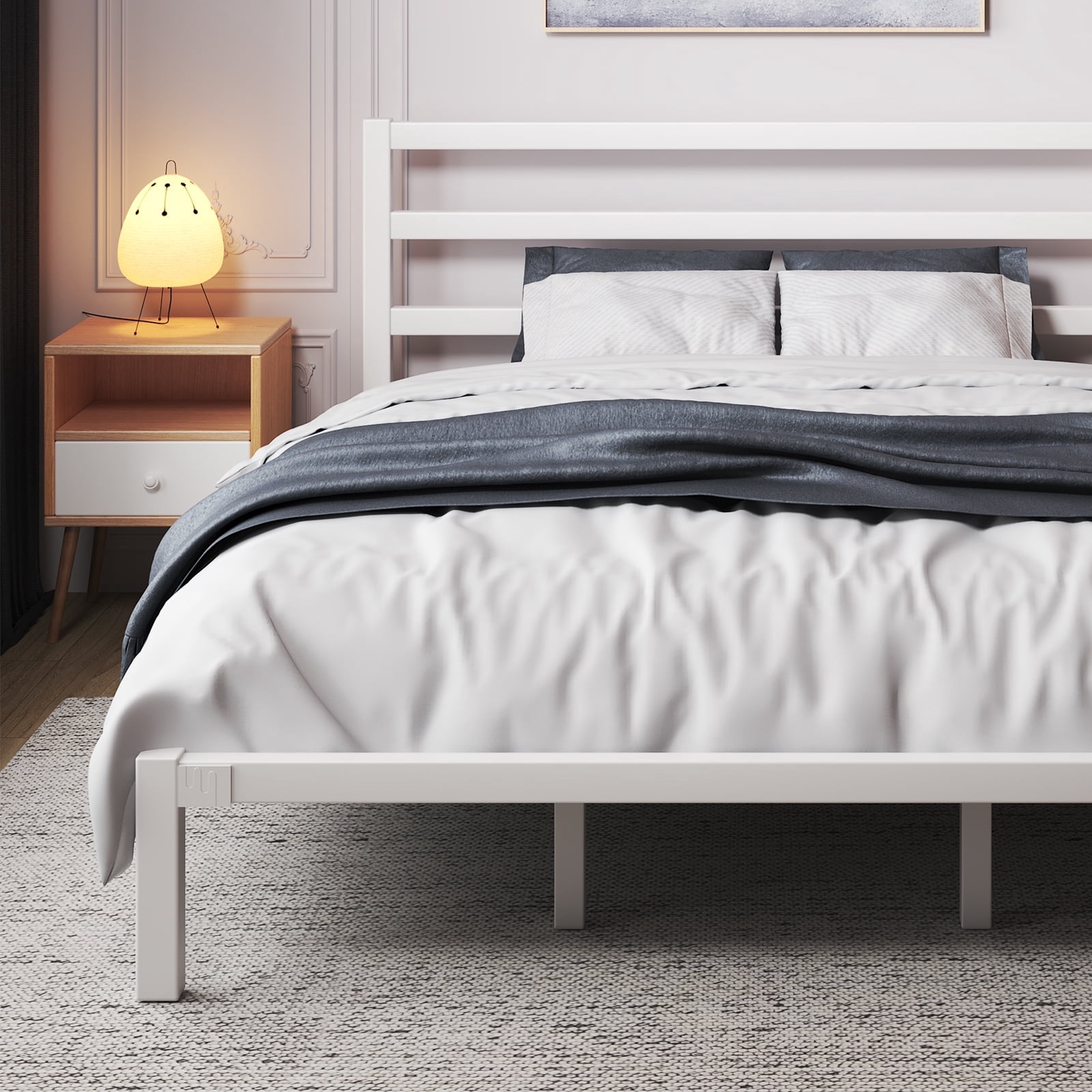 King Size Metal Platform Bed Frame with Headboard, Heavy Duty Steel Slat Support, Under-Bed Storage, No Box Spring Needed, White