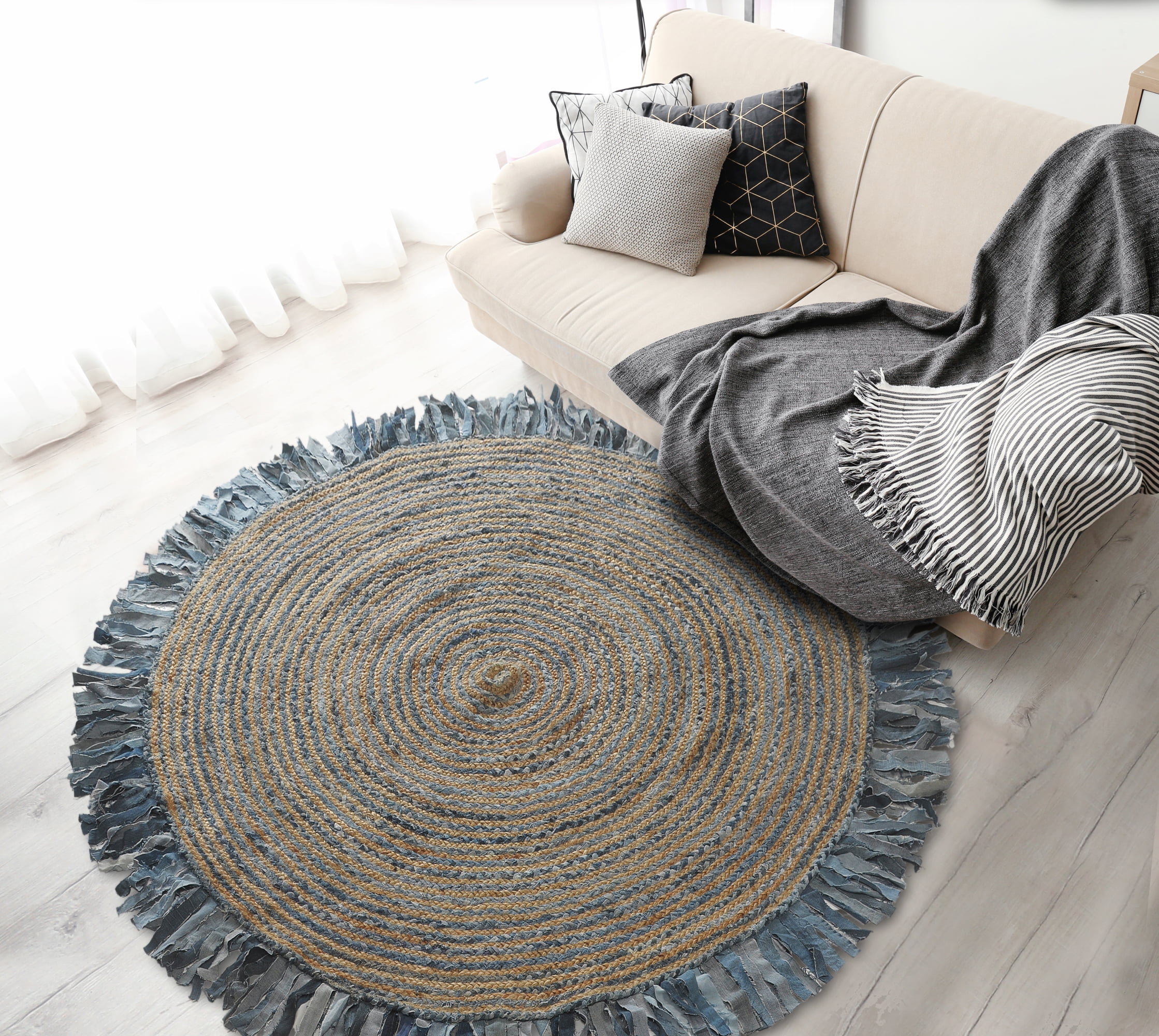 Desert Fields and Evette Rios Cora 5'6" Round Denim Blue Cotton and Jute Striped Fringe Indoor Area Rug
