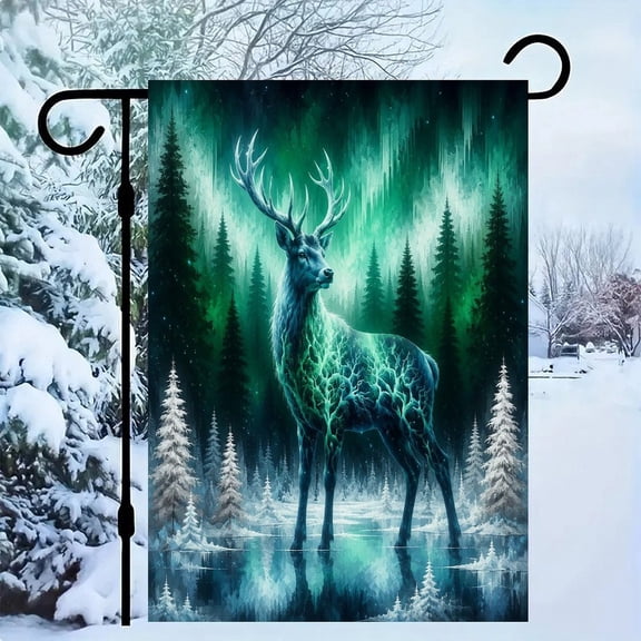 RKSupls Linen Double Sided Garden Flag, Spirit Stag Winter Aurora Yard Flag Durable Wrinkle-Proof Outdoor Decor for Garden Lawn Patio and Holiday Gift