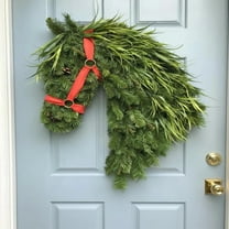 Handmade Horse Head Wreath – 40×30cm Rustic Farmhouse Equestrian Christmas Decor, Faux Greenery Holiday Door Wreath with Red Bow for Front Door & Porch