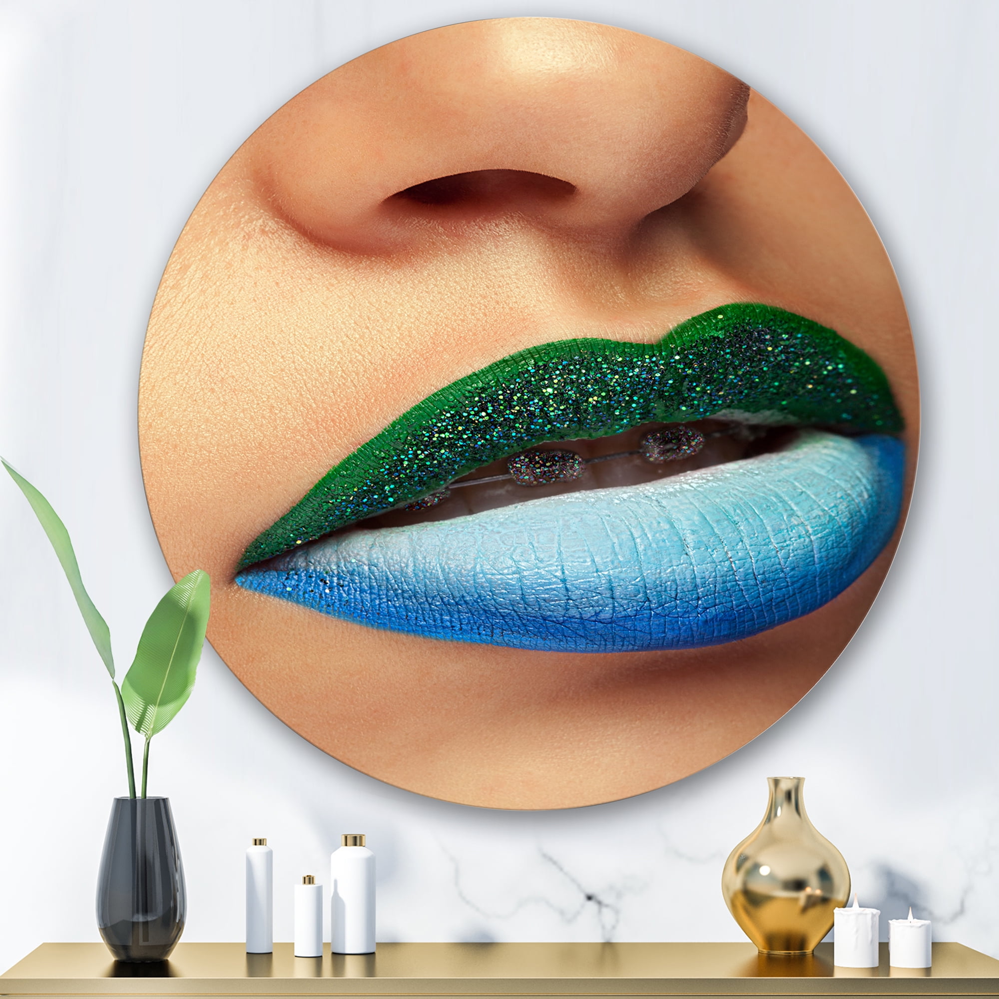 Designart 'Close Up Woman Lips With Fashion Make Up and Brackets' Modern Circle Metal Wall Art 36x36 - Disc of 36