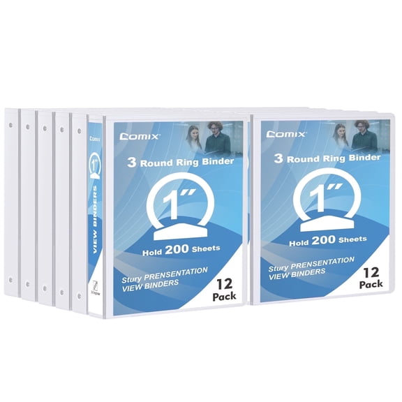 Comix Sturdy 1 inch 3 Ring View Binder,O-ring,Holds 200 Sheets of Letter Size Paper,12-Pack White, 2mm-thick, Schoool Supplies