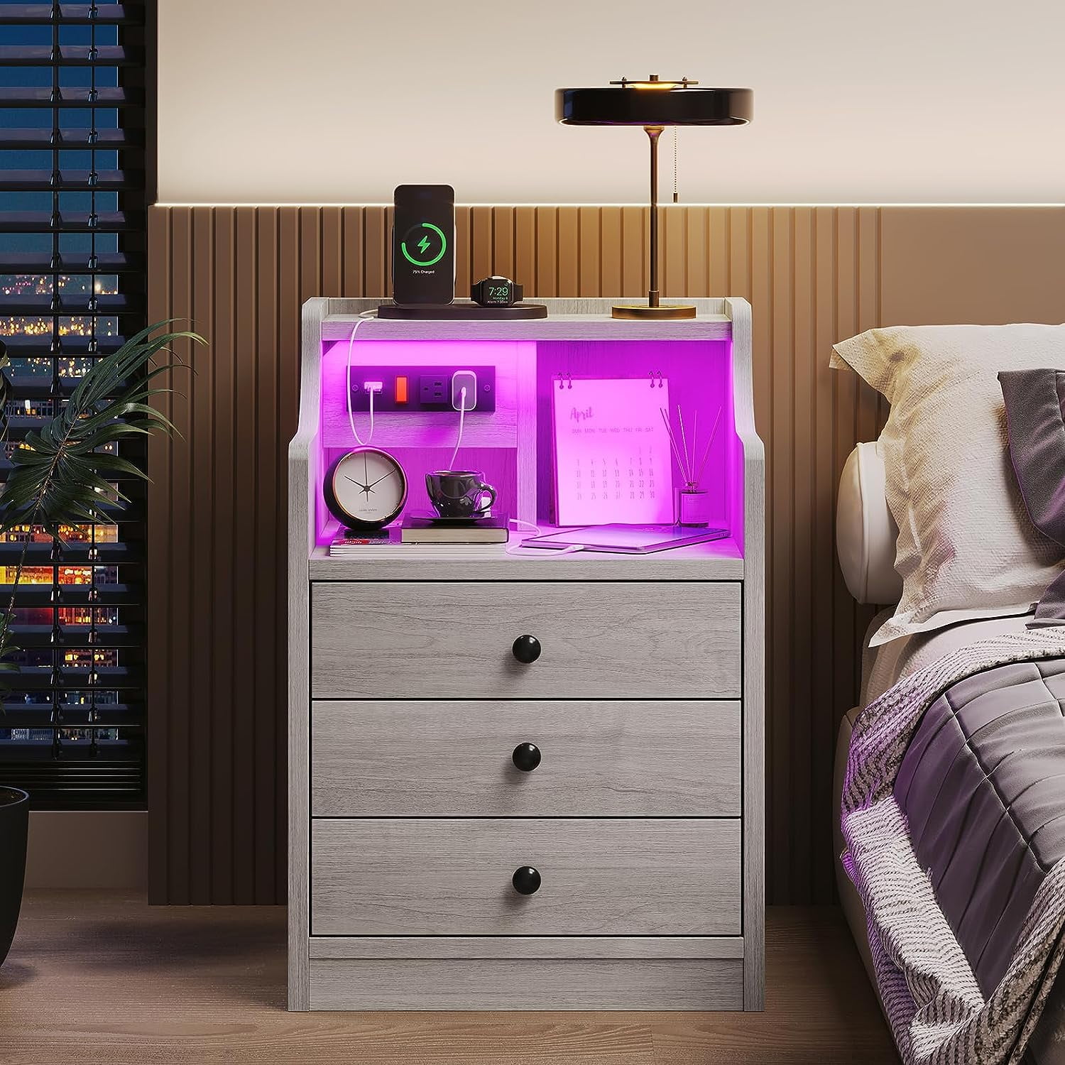 Night Stand with Charging Station and LED Ligts,LED Nightstand with 3 Drawers and Hutch,Bedside Table with Shelves,Grey