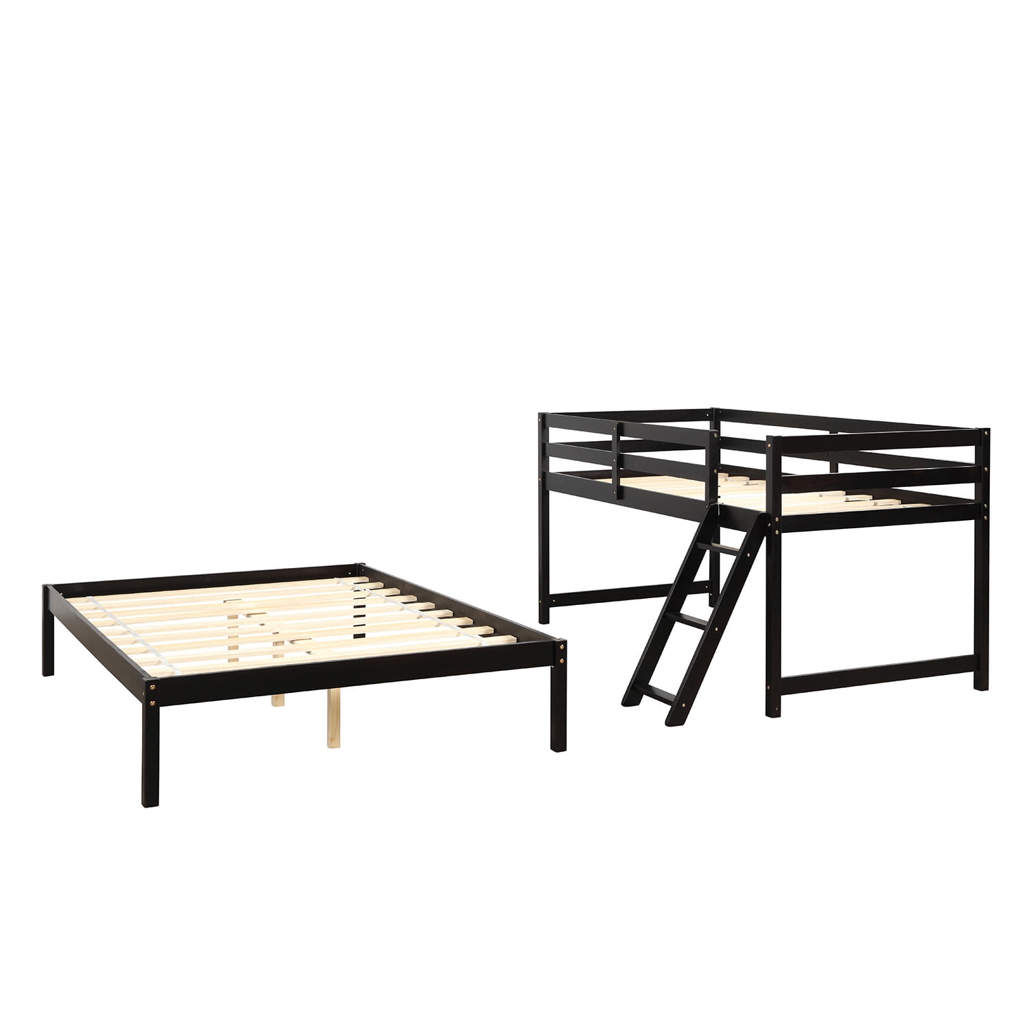 Solid Wood Twin-Over-Full Bunk Beds with Ladder, Espresso