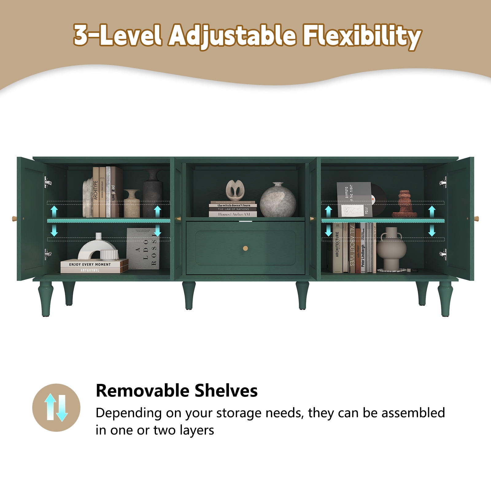67" Mid-Century TV Stand for TVs up to 75 " , Retro Entertainment Center with Storage Cabinets and Drawers, Green