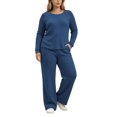 thumbnail image 4 of Large Size Hungry Ribbed Knitted Suit Women's Shoulder Button Decoration Long Sleeved Top Wide Leg Pants Two-Piece Set Navy Xxl, 4 of 8
