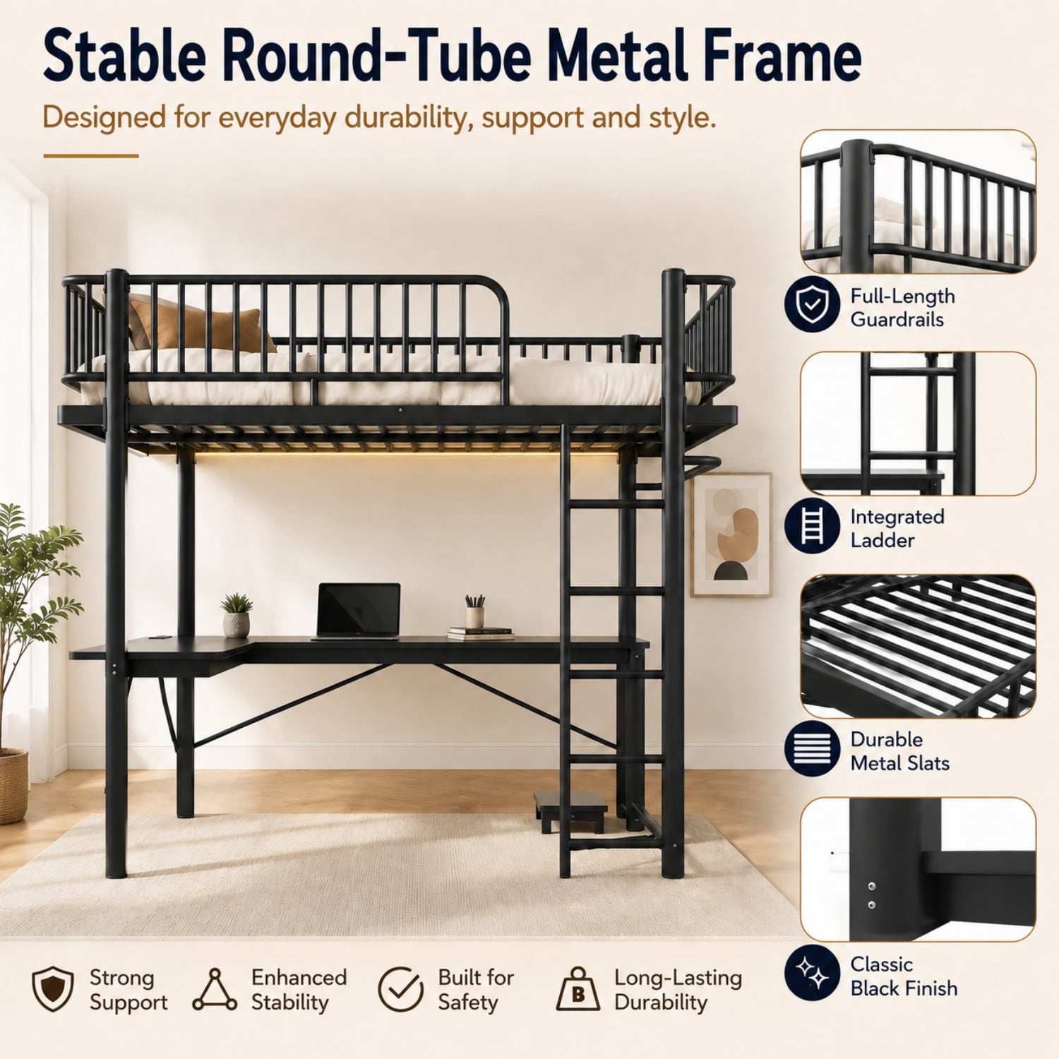 Miniyam Full Metal Loft Bed with L-Shaped Desk, LED Light Strip, Charging Station and PC Tower Tray, Black