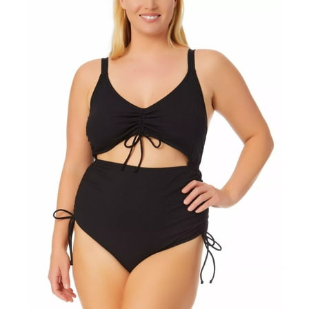 California Waves RICH BLACK Plus Size Ribbed Cutout One-Piece Swimsuit, US 20/22