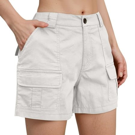 Prdecexlu Womens Cargo Shorts Button Elastic Waist Baggy Wide Leg Sports Bermuda Shorts Summer Loose Solid Color Stretch Casual Hiking Shorts with Multi Pockets White L
