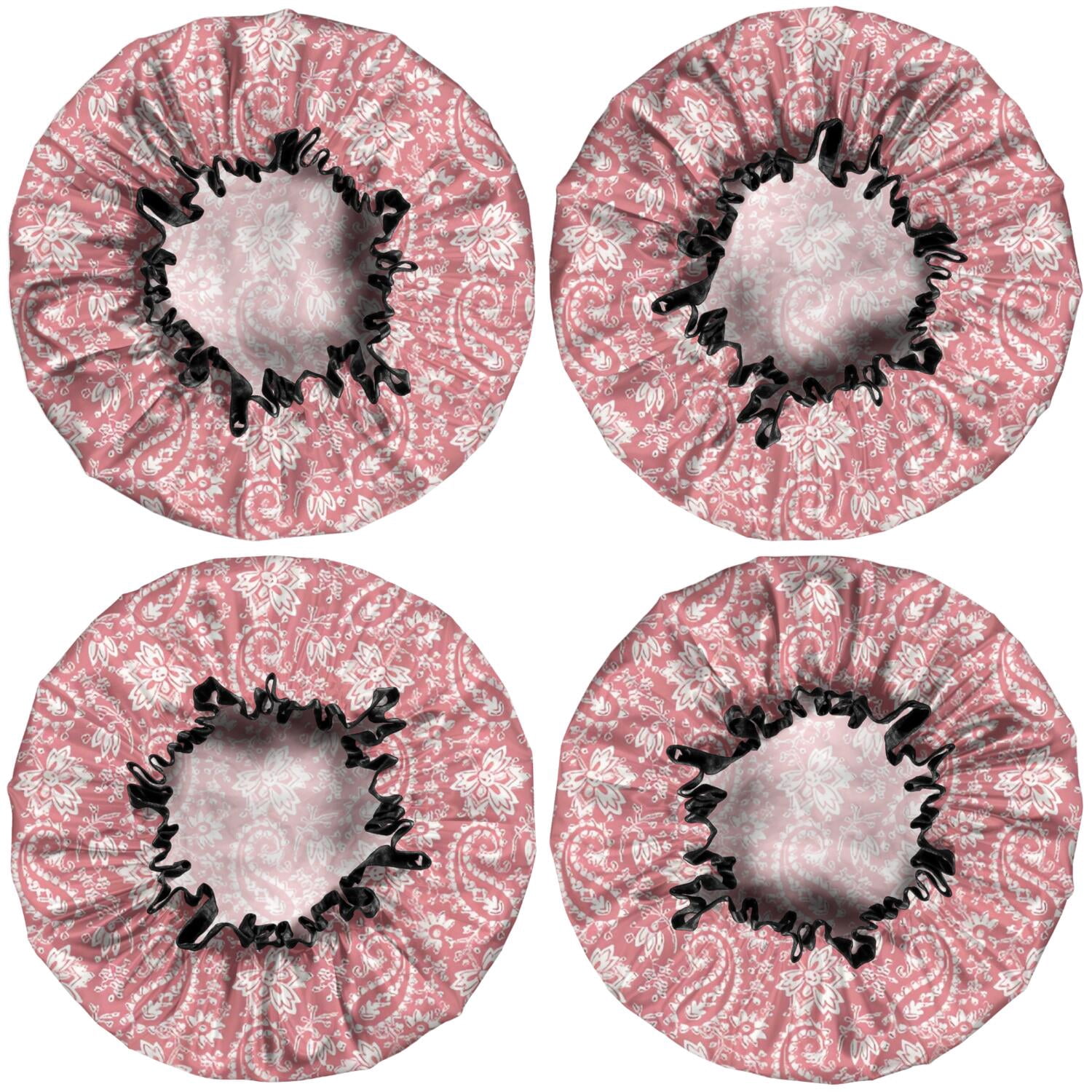 Shower Caps,Pink Pioneer Flower and Paisley Pattern Waterproof Shower Cap for Women 4 Pieces,Double Reusable Hair Cover for Shower PEVA Elastic Stretch Hem