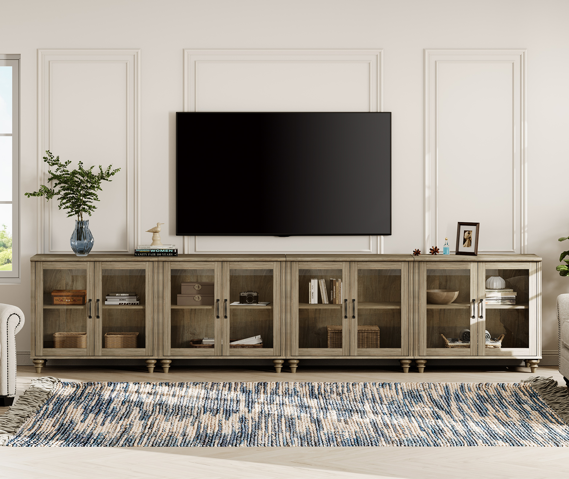 4-in-1 TV Stand, Wood Console Table Storage Cabinet for Living Room, Kitchen Sideboard Buffet Cabinet With Glass Door for Dining Room, Wash Grey
