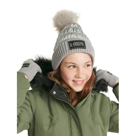 Justice Girls Metallic Silver Quilted Beanie with Faux Fur Pom and Gloves, 2-Piece Set