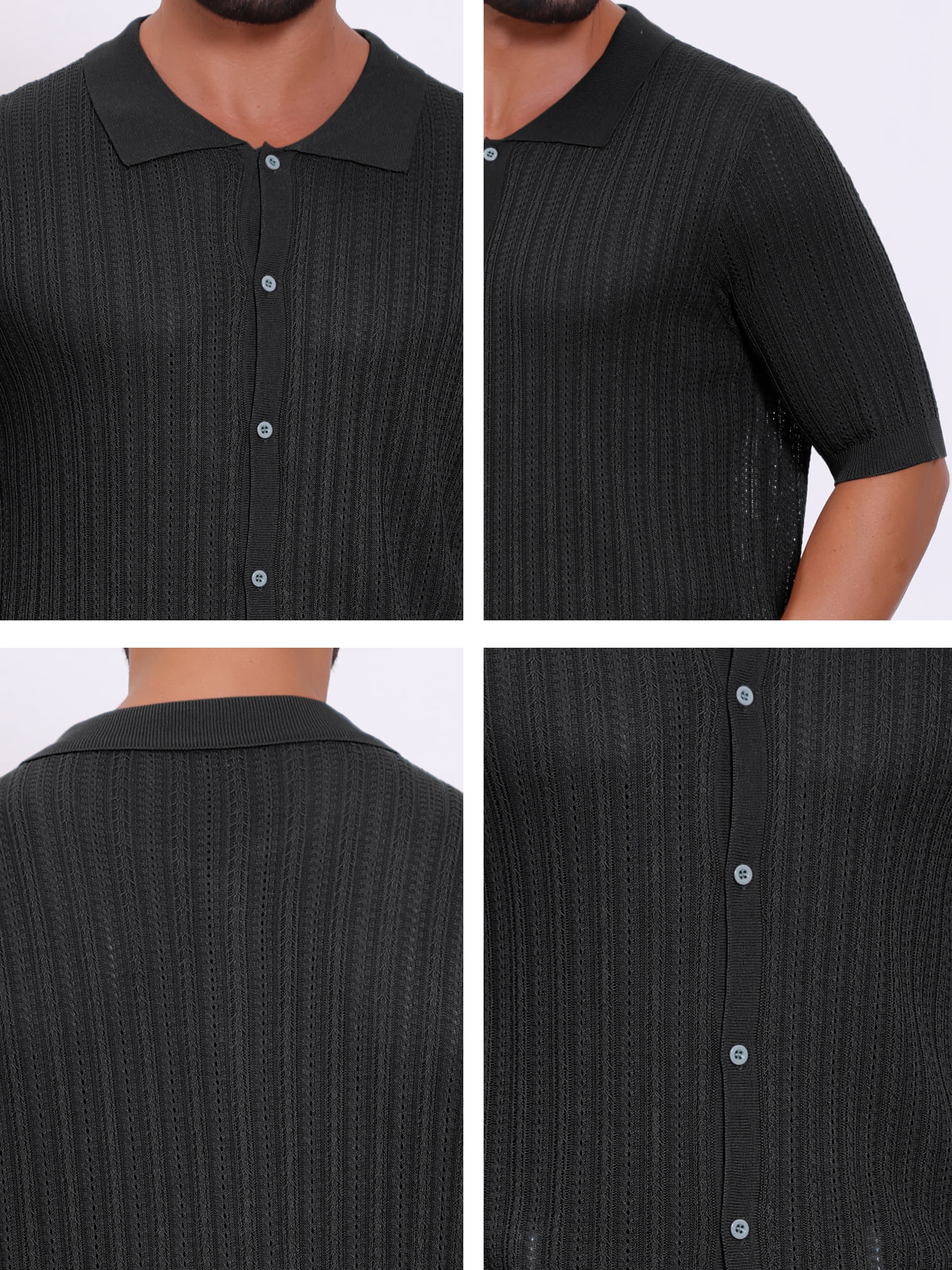 DARING DIVA Men's Striped Summer Short Sleeve Knitted See Through Shirts S Black