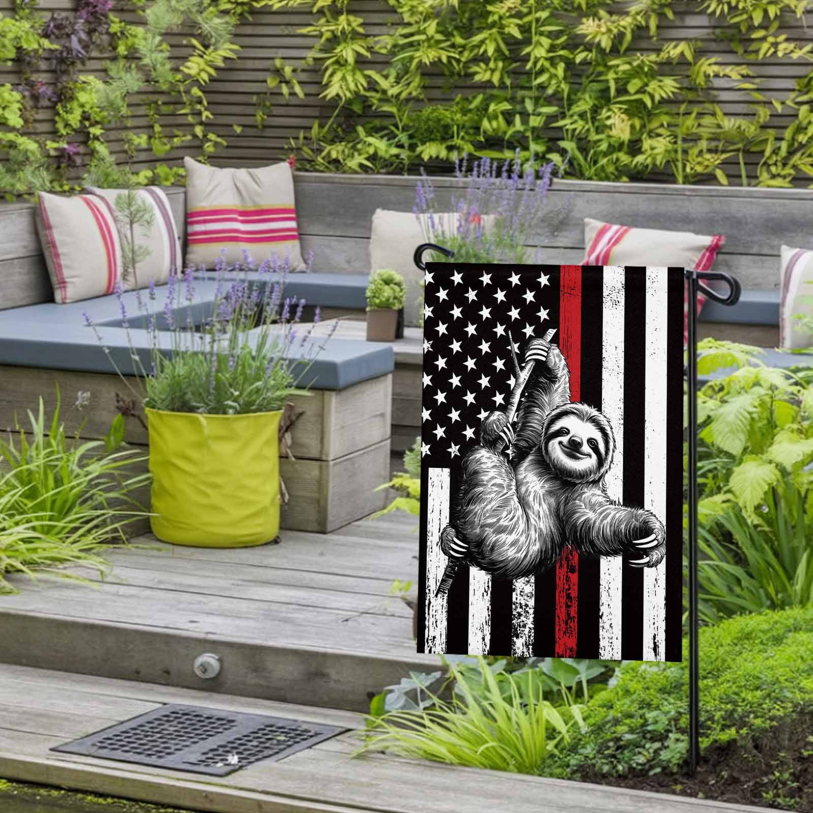 4th of July Garden Flags American Flag Sloth Garden Flag Double Sided Welcome Flag USA Flag Red Stripes Independence Day Yard Flags for Outdoor Lawn Porch Memorial Day Holiday Decor 28x40 Inch