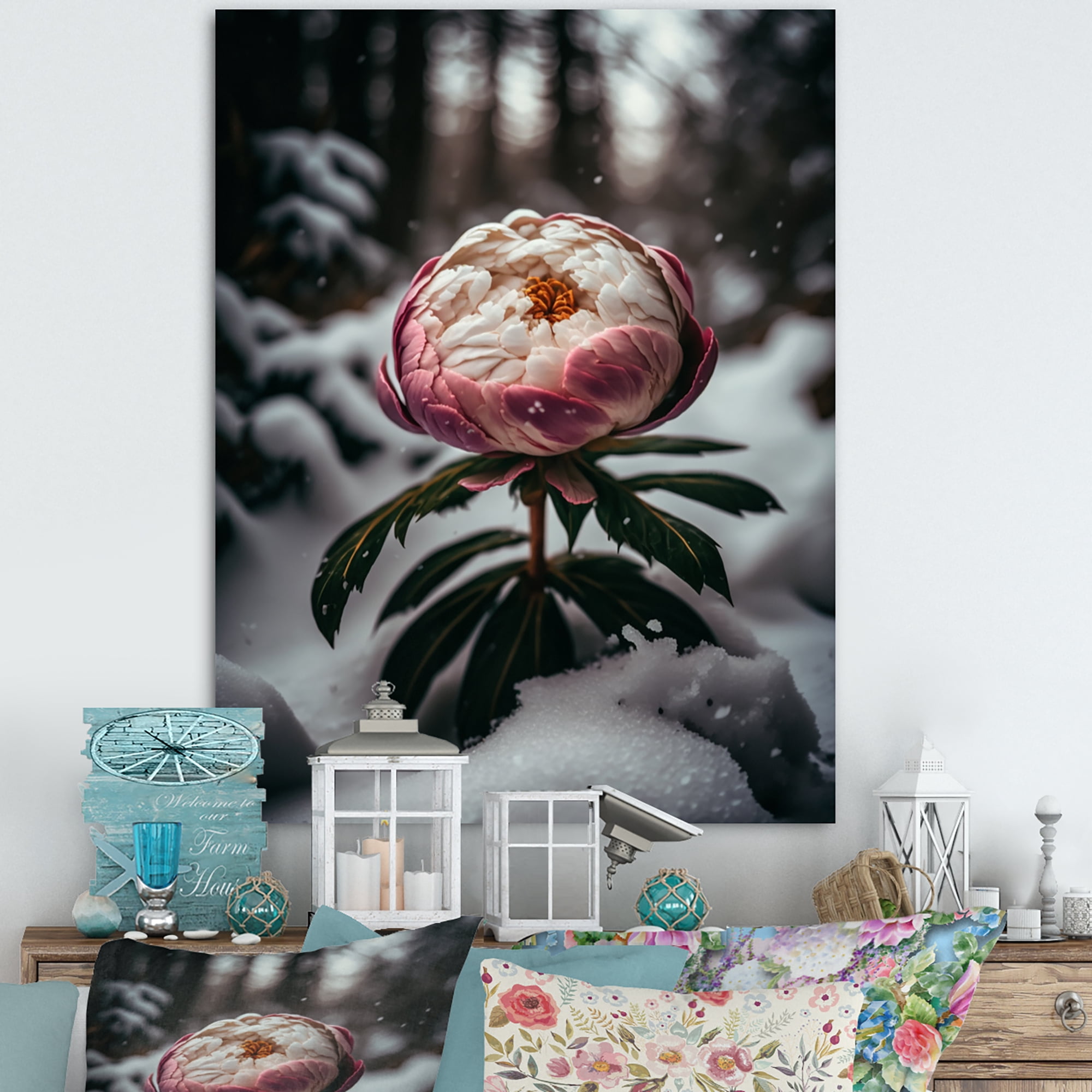 Designart A Blooming Pink Peony Flower In Winter I Canvas Wall Art