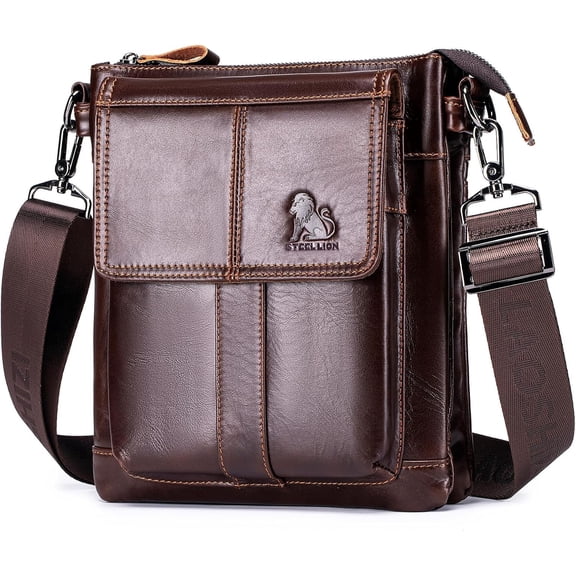 STEELLION Men's Genuine Leather Crossbody Messenger Bag, Brown