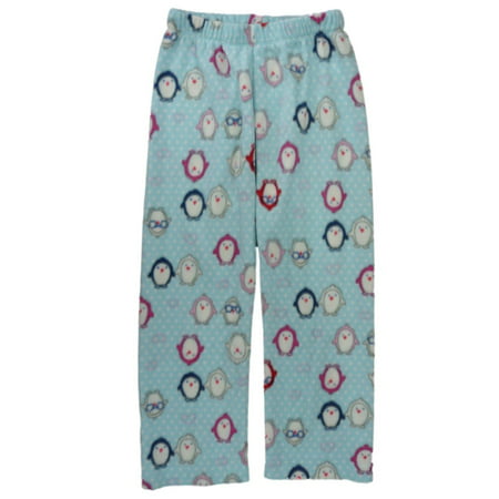 Girls Blue Polka Dot Fleece Sleep Pants Penguin Pajama Bottoms Lounge