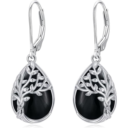 JKR Tree of Life Earrings 925 Sterling Silver Teardrop Celtic Tree Leverback Earrings Gemstone Jewelry Gifts for Women
