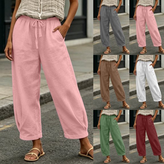 ibiyuan Business Casual Pants for Women Elastic Waist Palazzo Pants Loose Fit Women Trousers Drawstring Cotton Lounge Pants Women with Pockets