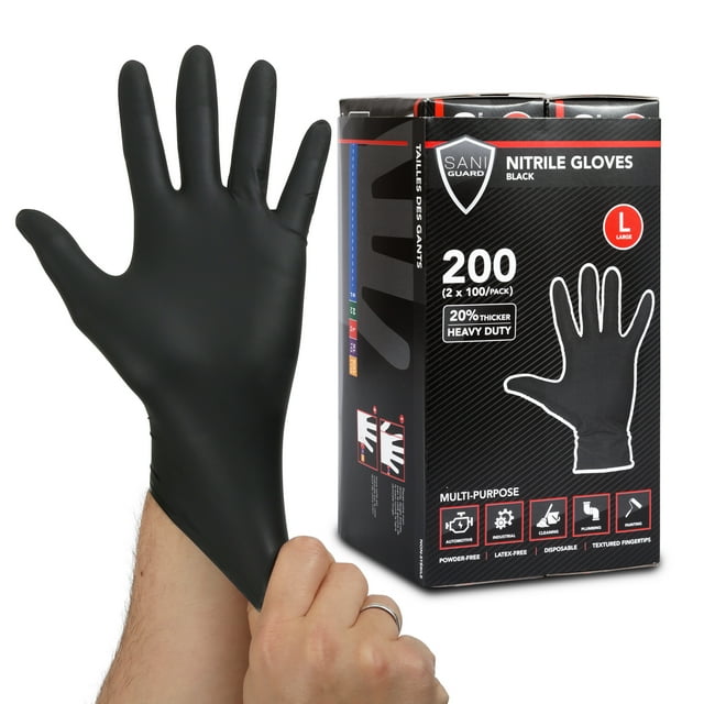 Gants en Nitrile Noirs Robustes Taille g (200 Pcs), Polyvalents, Bouts des Doigts Texturés, Sans Poudre, Sans Latex