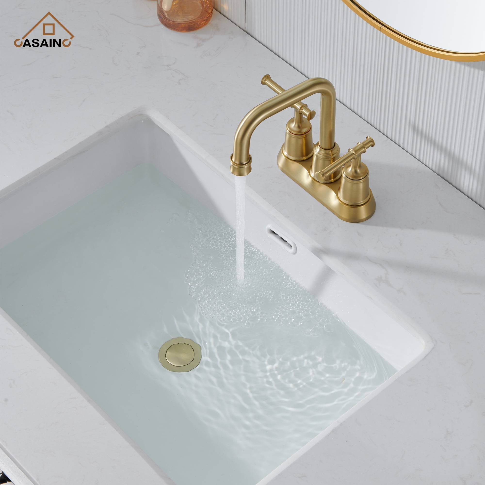 CASAINC 4 in. Centerset Double Handle 2 holes Bathroom Sink Faucet Lavatory Faucet with Stainless steel Drain in Brushed Gold