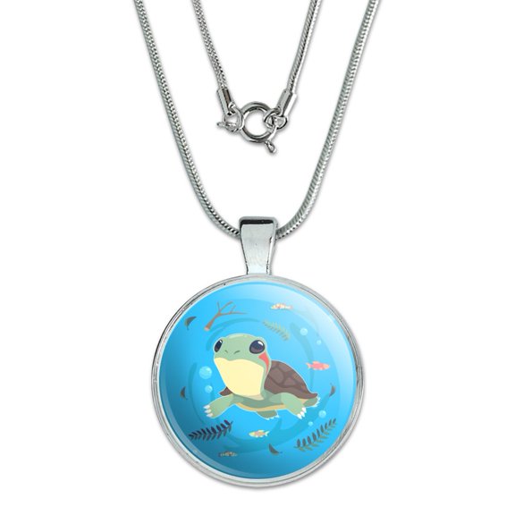 Cute Turtle Swimming with Fish 1" Pendant with Sterling Silver Plated Chain