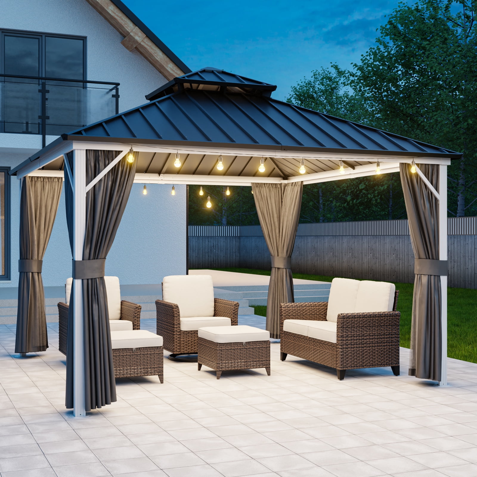INTER HUT 12x12 FT Galvanized Steel Double Roof Gazebo with Aluminum Frame Gazebo with Curtain and Netting, White/Gray