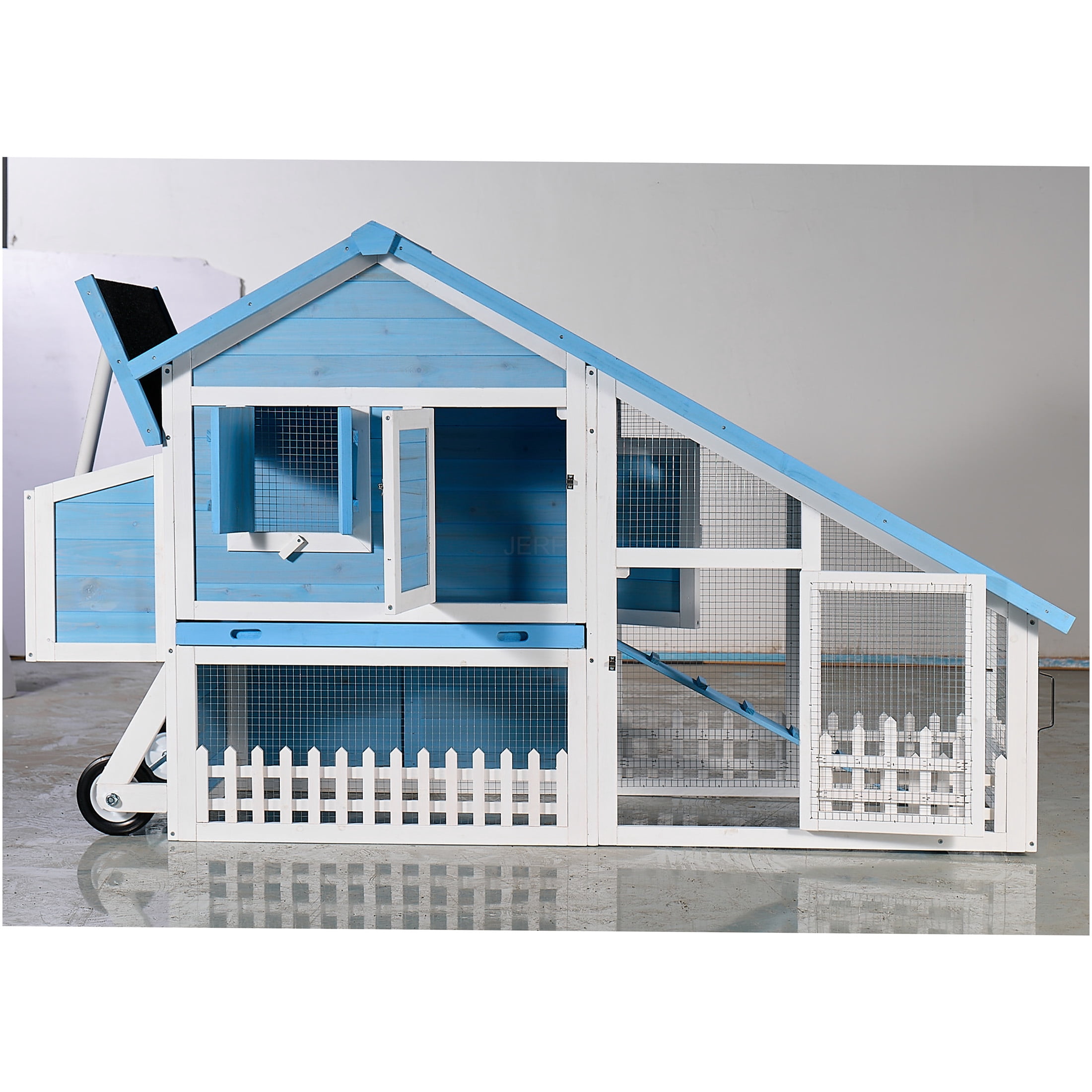 JERFIT 76 Inch Large Outdoor Rabbit Hutch with Waterproof Roof, Removable Tray, Ramp & Play Run Area, Light Blue Wooden Bunny Cage House