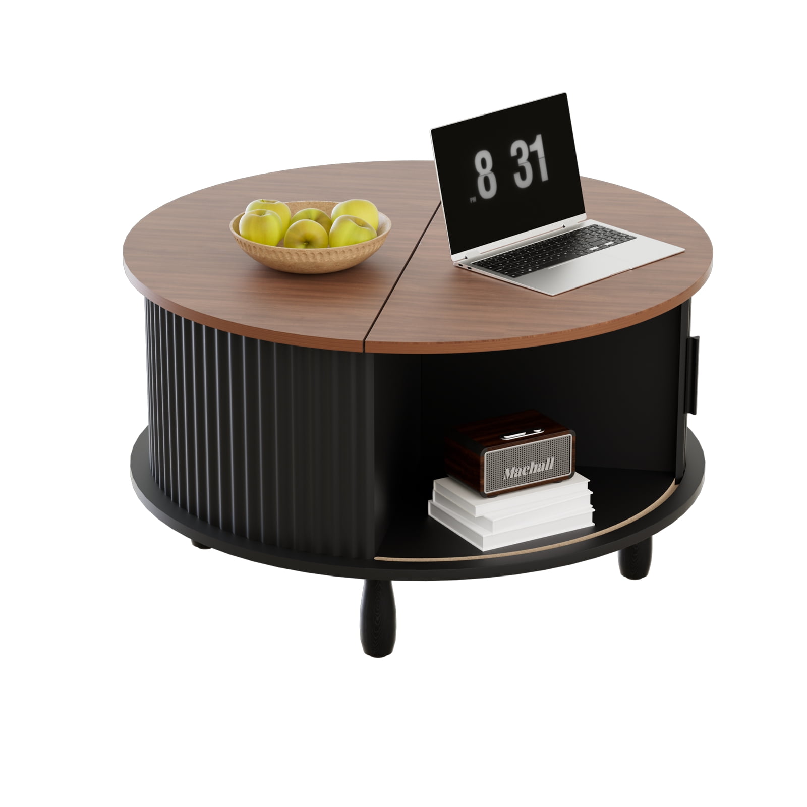 Strafriture Round Coffee Table with Storage, 30.7" Modern Coffee Table with 360° Curved Sliding Door, Fluted Wood Coffee Table with Footpads, Round Center Table for Living Room, Black