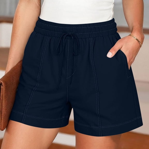 Aimik Women Solid Color Elastic Waisted Short Pants with Drawstring and Pockets Summer Casual and Comfortable Shorts