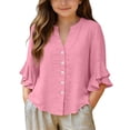 thumbnail image 2 of CQONEPT Linen Button Down Shirt for Girl 3/4 Length Ruffle Sleeve Tops Casual V Neck Cute Shirts Summer Vacation Blouses Pink 5 Years, 2 of 7