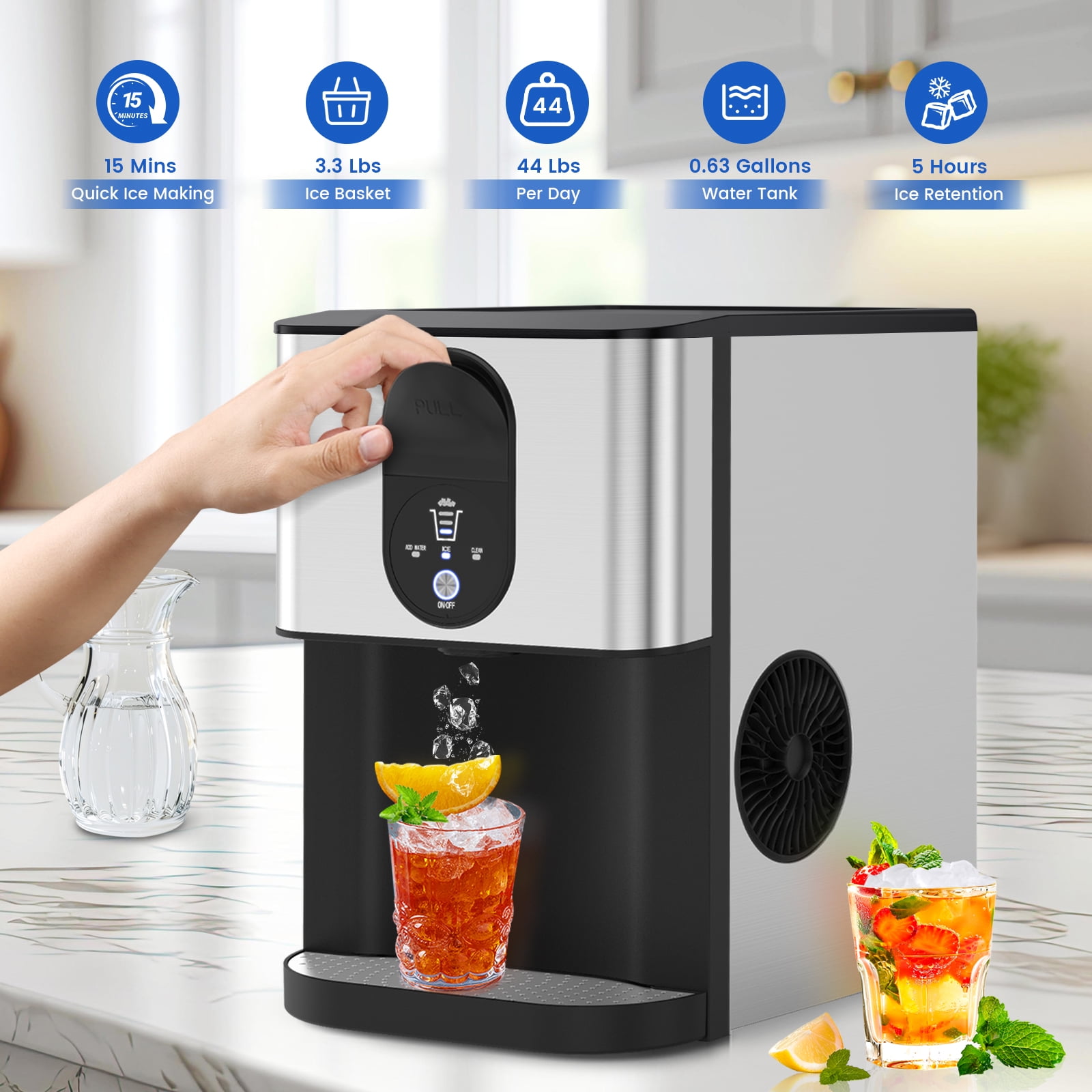 KNDKO Nugget Ice Maker Make Ice Efficiently, Be Ready For Ice Available In 15-20 Mins For 1-2 Cups Of Drink And Make 44 Lbs Ice In 24 Hours, Perfect For Family Party Or Office