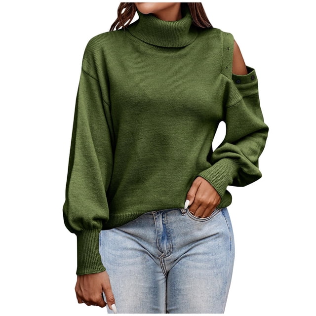 IROINID Women's Cold Shoulder Pullover Sweater Solid Color Loose Short Length Long Sleeve Sweaters Tops