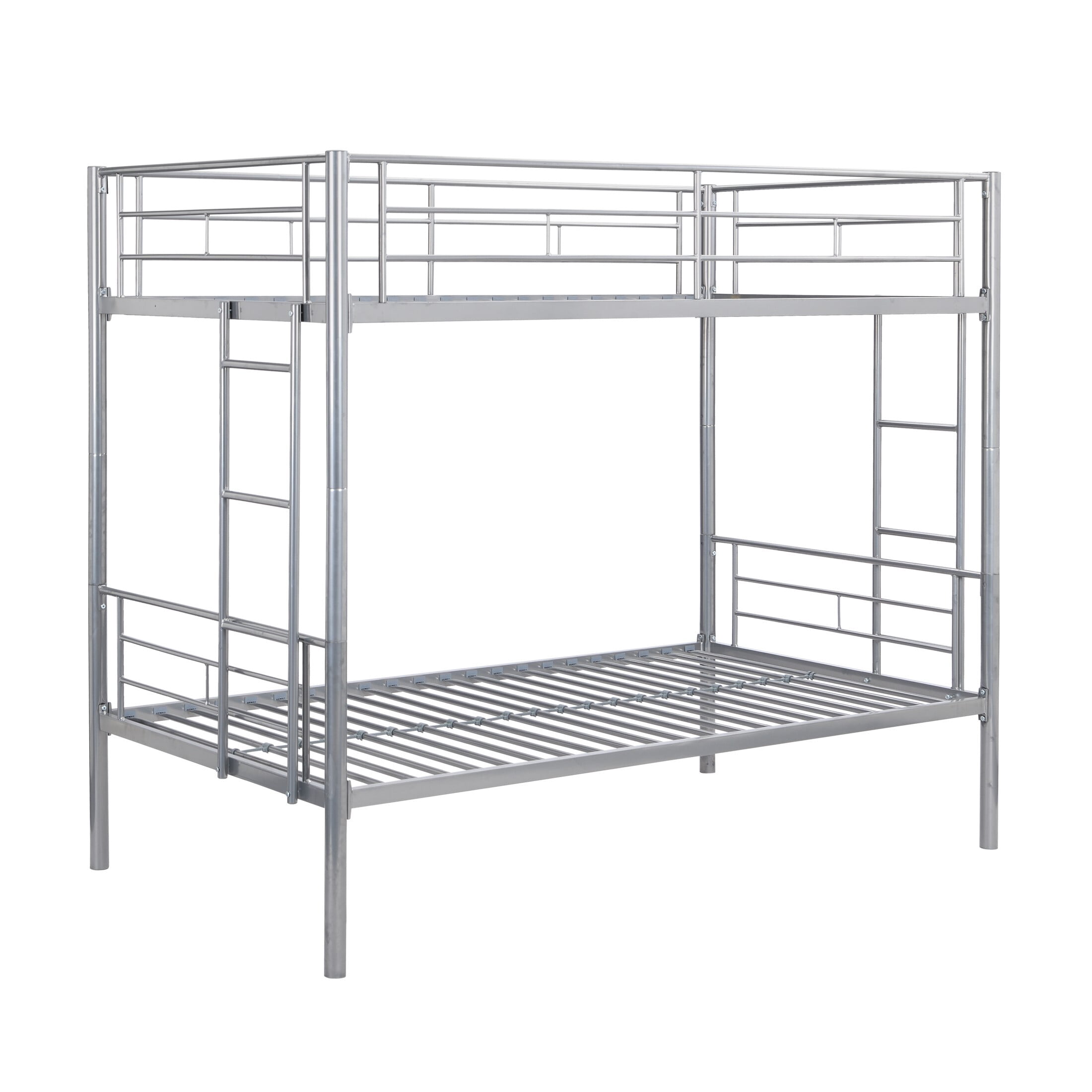 DEALTOPS Metal Bunk Bed Twin Over Twin, Durable Bunk Bed with Ladder and Full-Length Guardrail, Silver