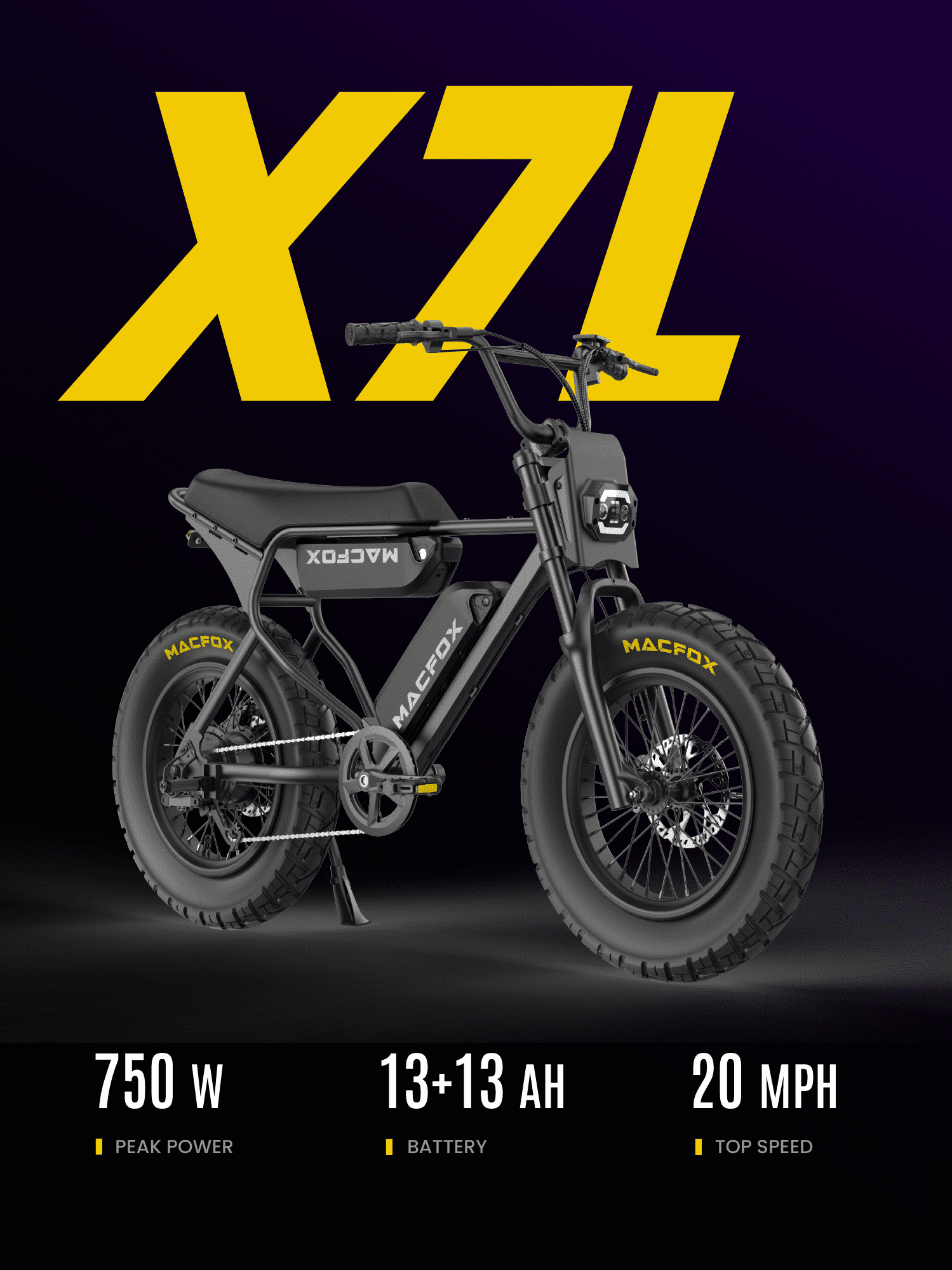 MACFOX X7L Adult Electric Bike, 750W, 20 MPH, 2Pcs*48V 13Ah Battery, 70-Mile Range, Hydraulic Brakes, 20x4.5/20x5.0 Fat Tires, Fits Riders 5'3''–6'6''