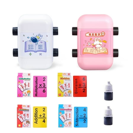 Kahopy Math Roller Stamp with 4 Math Flash Cards 2-in-1 Addition Subtraction Multiplication Division Teaching Tool for Kids