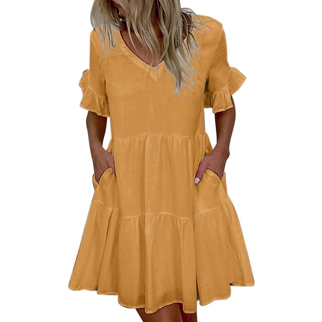 Leutsin Robe d'Été Bohème Imprimée à Manches Courtes Col en V pour Femmes Mini Robe