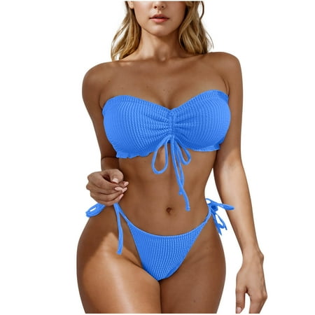 BSDJILFG Strapless Swimsuits for Women Ribbed Knit Bandeau Bra Tie Front Drawstring Thong Bathing Suits for Summer Beach Vacation