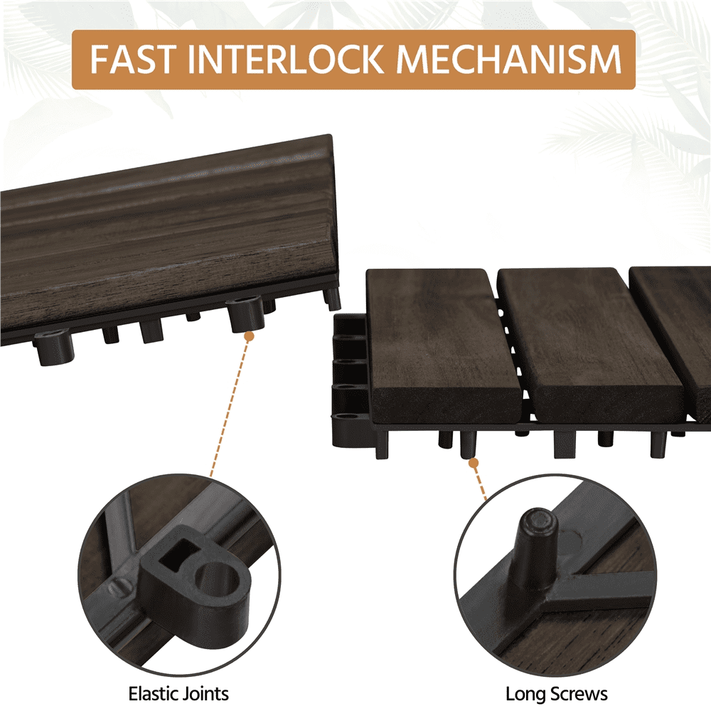 Renwick 12 × 12 in Pack of 27 Acacia Wood Interlocking Flooring Tiles for Outdoor & Indoor, Black