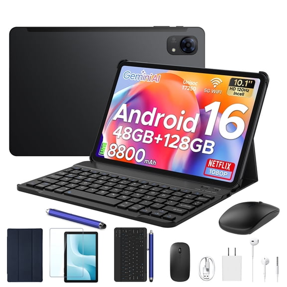 POCKAM P10 Pro Tablet, 10 Inch 120Hz Screen, Android 16, Gemini AI, 48GB RAM 128GB ROM Expandable 2TB, 8800mAh Battery, 13MP 5MP Camera, Face ID, 5G WiFi, 3.5mm Audio Jack, OTG Support with Keyboard